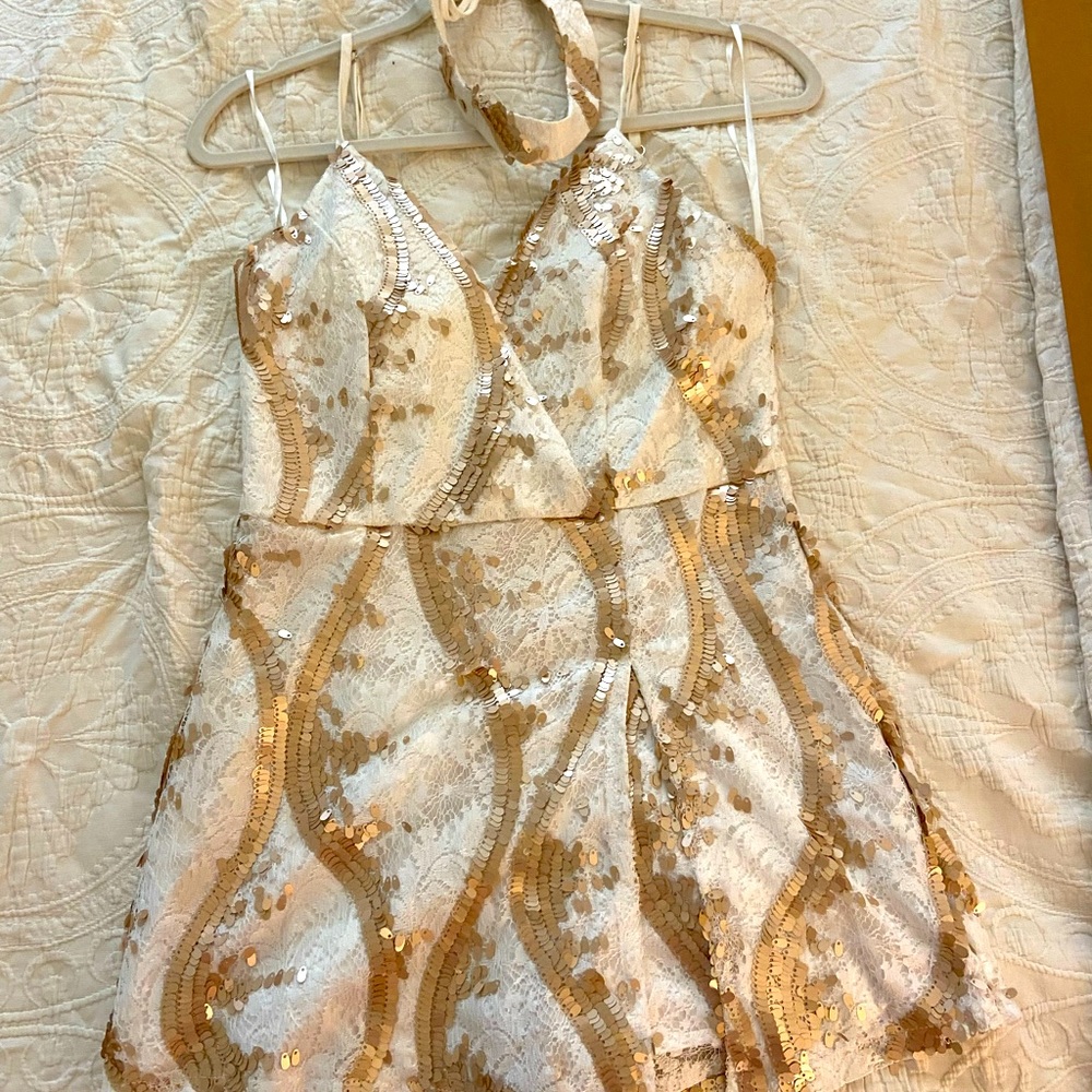 White lace & gold sequin romper with matching necklace